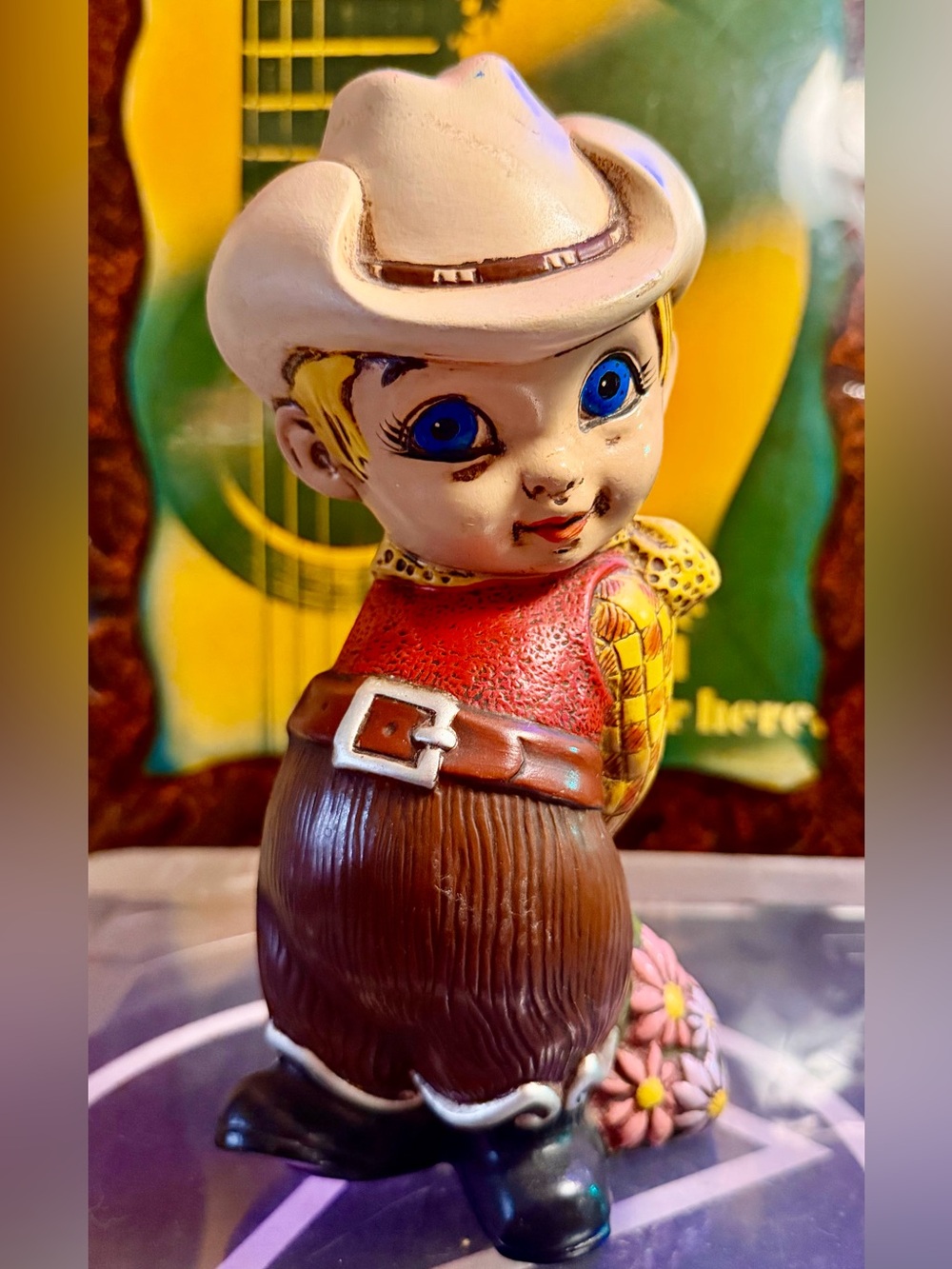 VTG 1969 Barbara Baldwin Mold Ceramic Cowboy Carrying Flowers Figurine